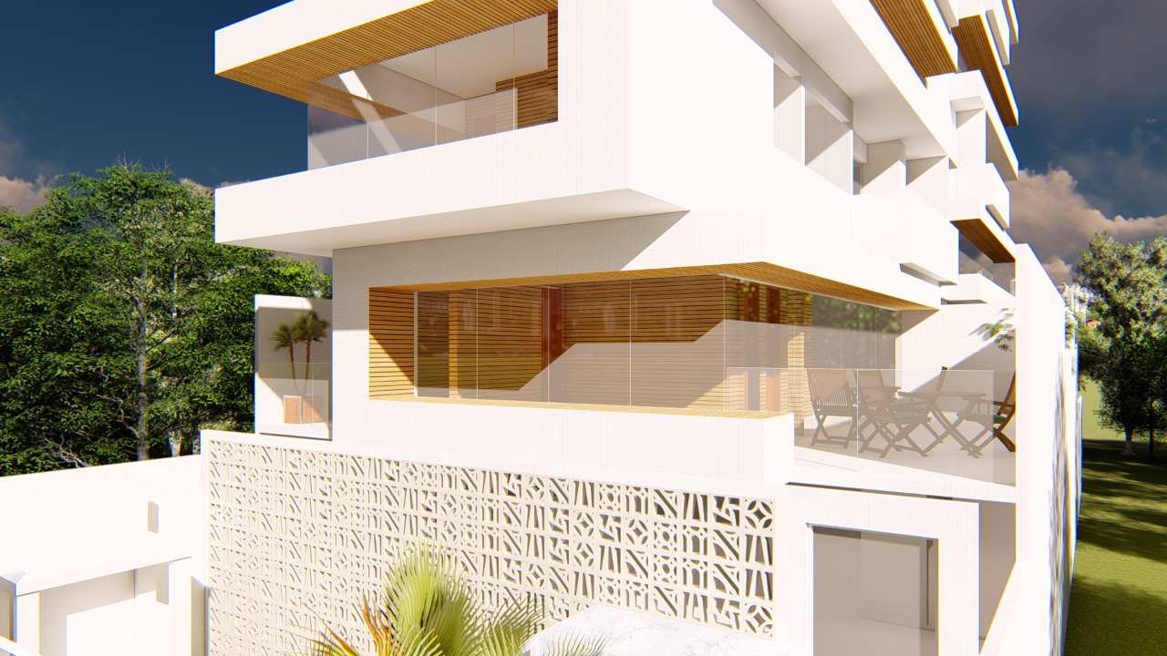 Detalhe das sacadas gourmet com revestimento em madeira